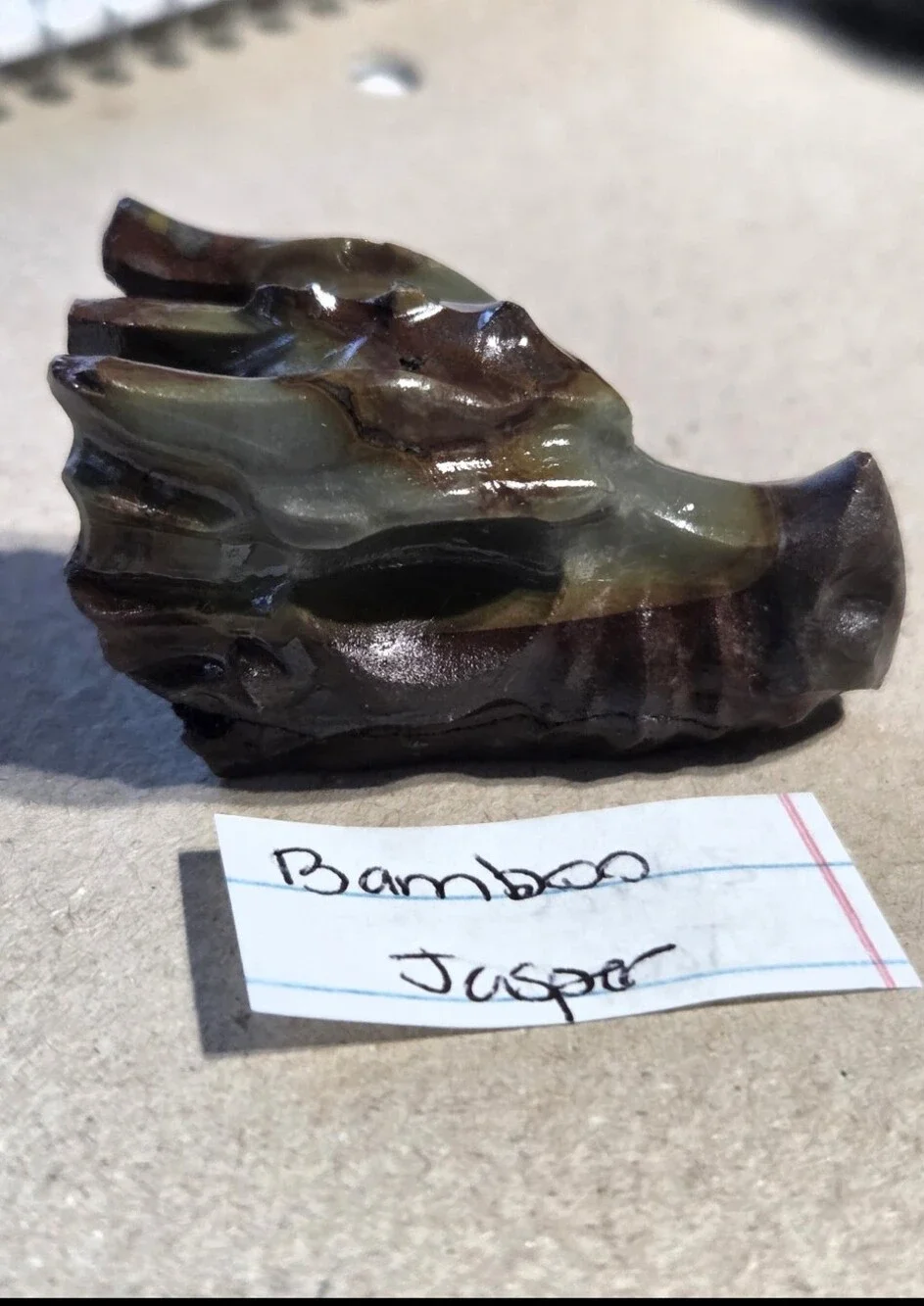 Detailed Bamboo Jasper Crystal Carved Dragon Head Stone Sculpture Decor